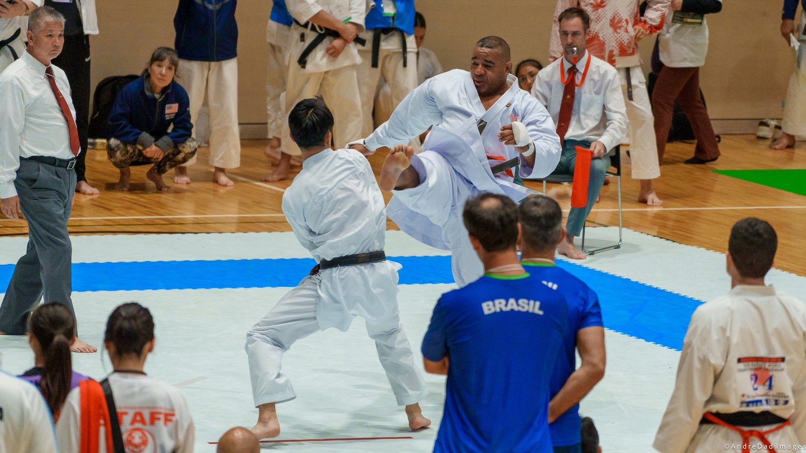 Sensei Wauriman delivers a mae-geri at the 2024 JKA World Championships in Takasaki, Japan