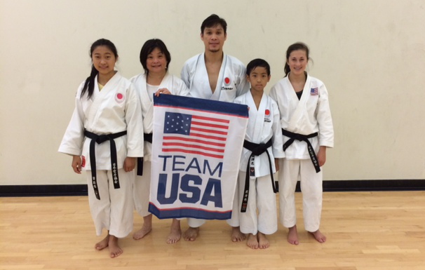 JKA NorCal representatives in the USA team (from left): Zuri Yip, Sensei Christina Foo (coach), Sensei Khim Torres, Phillip Hu, Ciara Stuhler